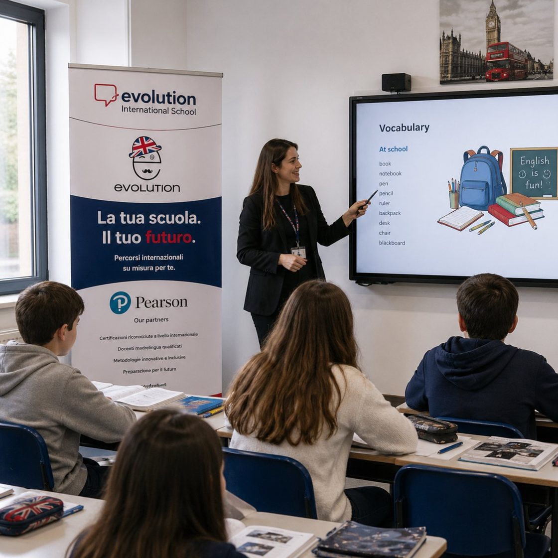 Lezione di inglese con studenti adulti Evolution e Pearson