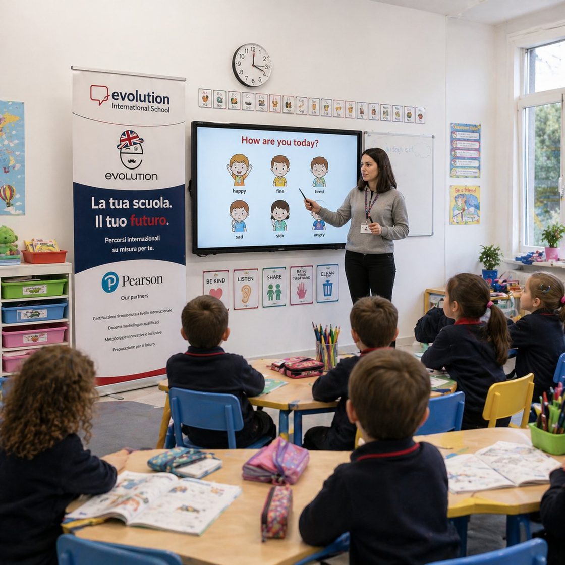 Lezione di inglese con bambini piccoli in classe Evolution e Pearson